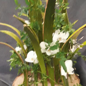 création florale blanche et verte sur rondin de bois 